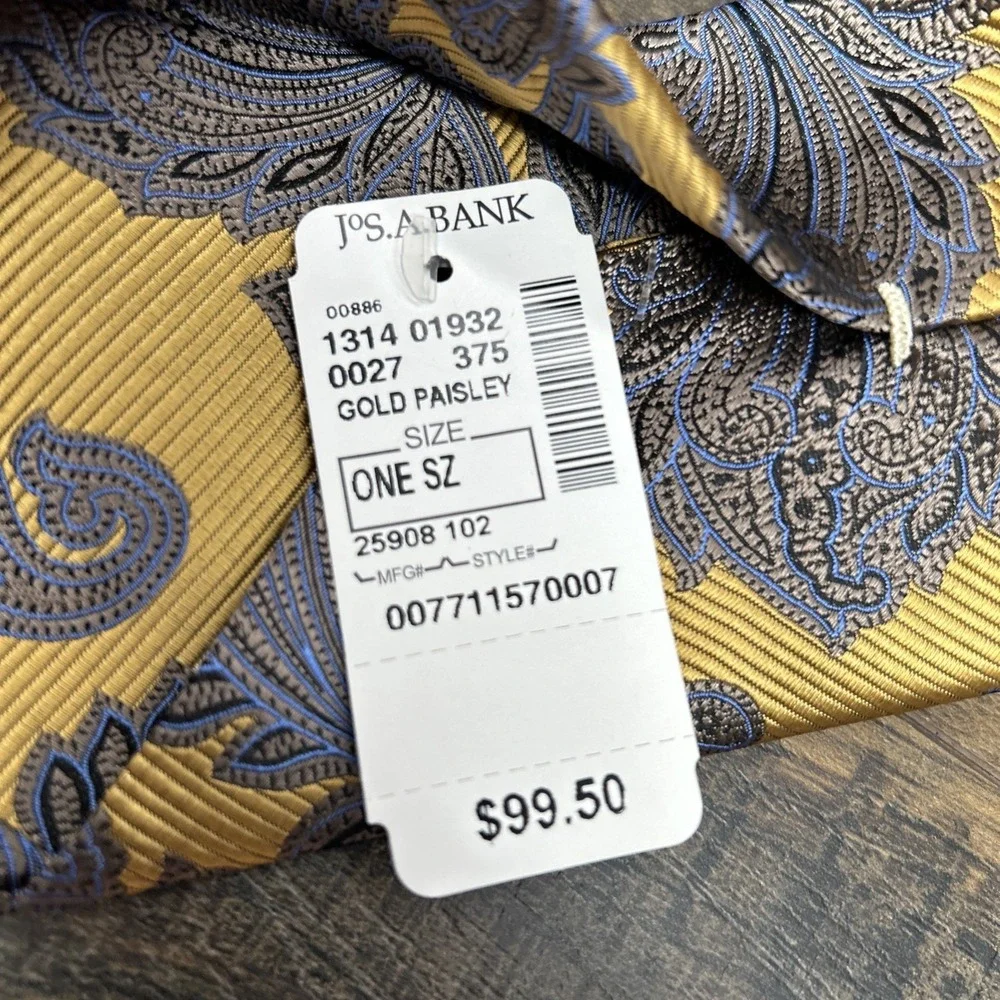 JOS. A. BANK Signature Gold Silk Necktie PAISLEY FLORAL Yellow/Blue NWT